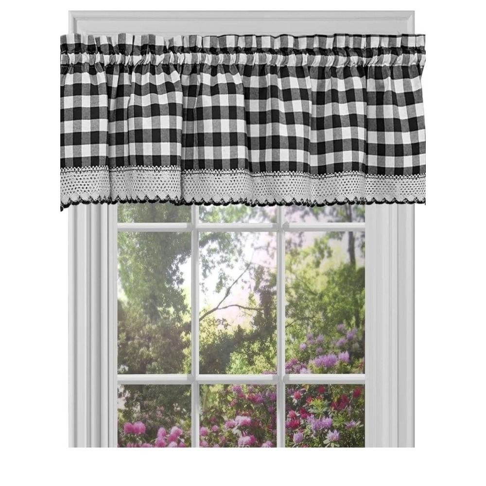 Black And White Buffalo Check With Lace Kitchen Curtain Panel Country Farmhouse